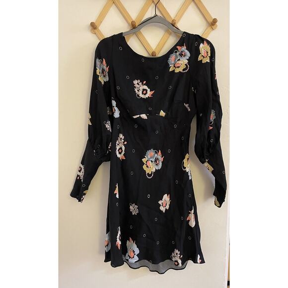 Free People Dress Womens 8 Black Mini Flowers Long Sleeve Cut Out Bohemian - Picture 2 of 9